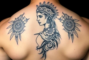 Purepecha princess surrounded by purepecha symbols with hidden hummingbird tattoo idea