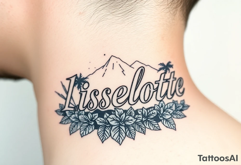 The name Liselotte surrounded by tropical scenery tattoo idea