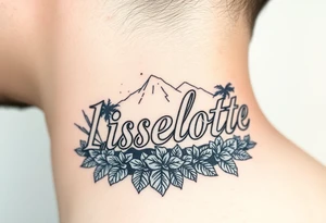 The name Liselotte surrounded by tropical scenery tattoo idea