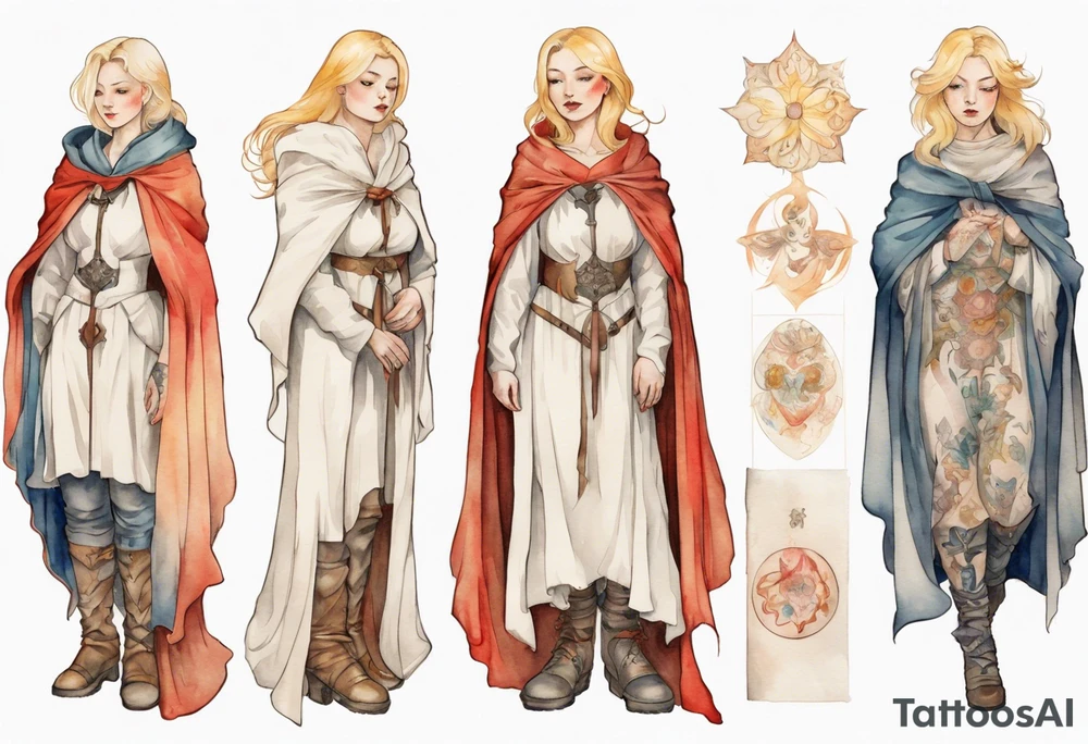 motherly blonde woman wearing white medieval cloak and boots tattoo idea