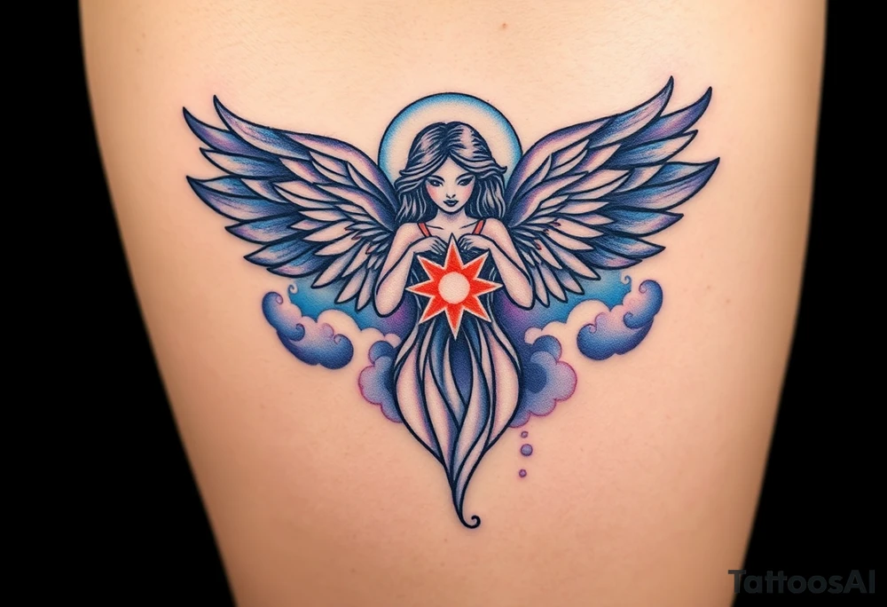 A celestial angel figure  with dark wings and a radiant star in the center of its chest, surrounded by clouds of dark blue and deep purple. tattoo idea
