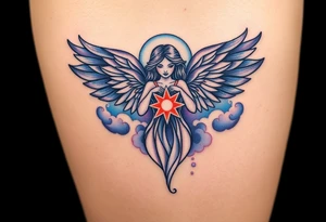 A celestial angel figure  with dark wings and a radiant star in the center of its chest, surrounded by clouds of dark blue and deep purple. tattoo idea