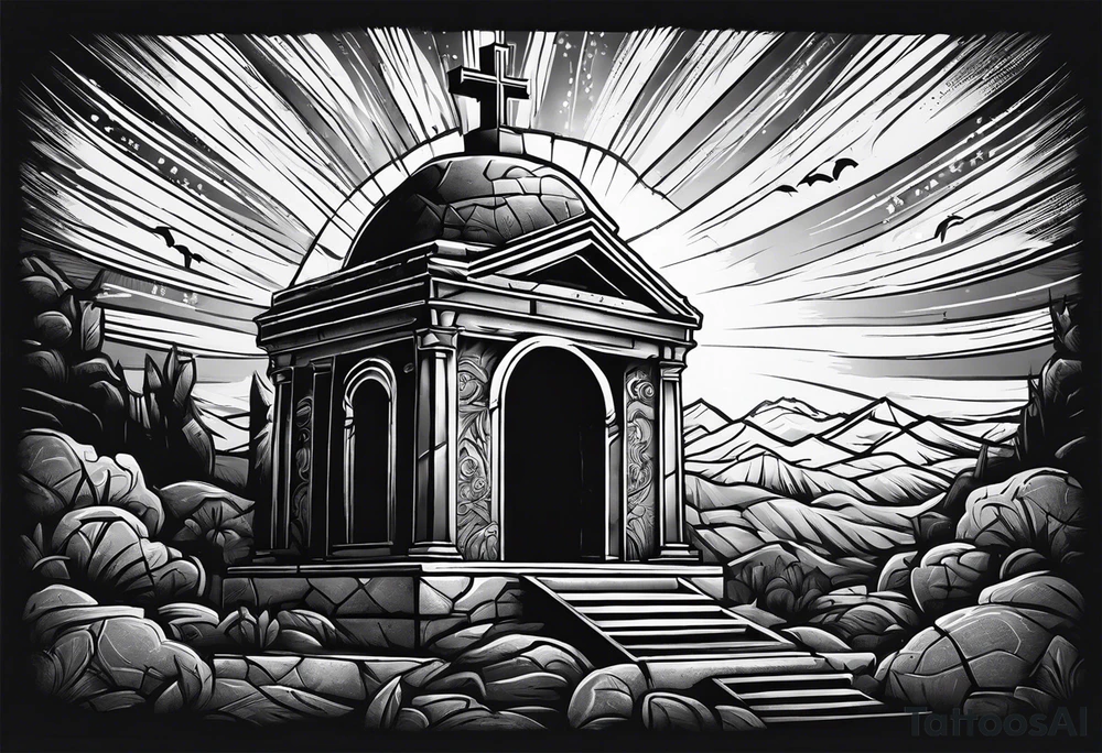 Tomb with cross and sun in the background tattoo idea