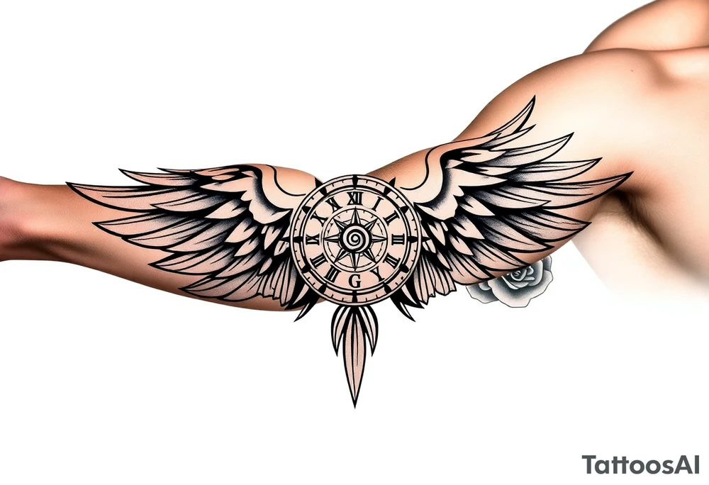 Wing with compass  a clock on elbows with roses tattoo idea