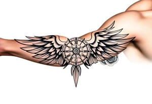 Wing with compass  a clock on elbows with roses tattoo idea