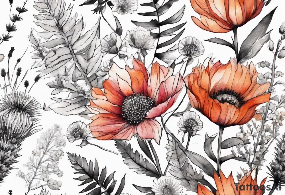 wildflowers with thistles, ferns, white flowers, cream flowers, pink flowers, burnt orange flowers, red flowers and all in watercolor tattoo idea