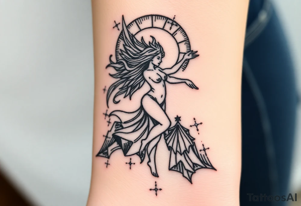 Fire hell storm with cold cuts through a soul dropping era and a dancing woman naked in the rain a blast of bc with future combing into a mystery mountain off God tattoo idea