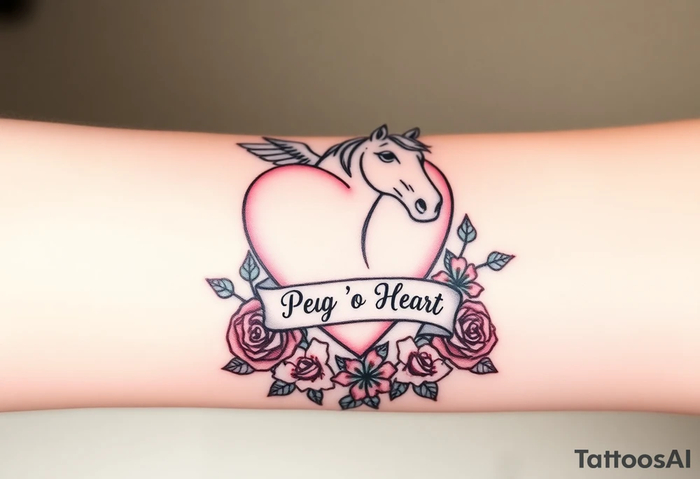 a big pale pink heart and a mare with wings and a halo and a bunch of green shamrocks, and red roses with a banner across the heart that says Peg 'o My Heart tattoo idea