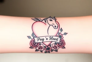 a big pale pink heart and a mare with wings and a halo and a bunch of green shamrocks, and red roses with a banner across the heart that says Peg 'o My Heart tattoo idea