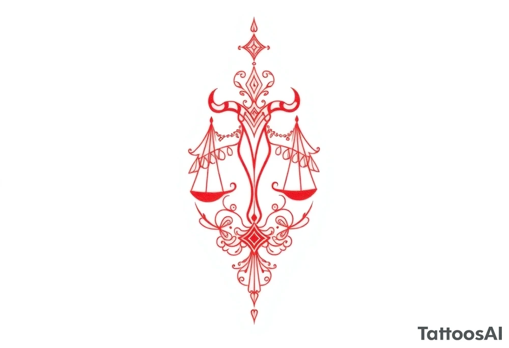 Tattoo that combines the star sign Taurus and Libra ,in red , down the spine tattoo idea