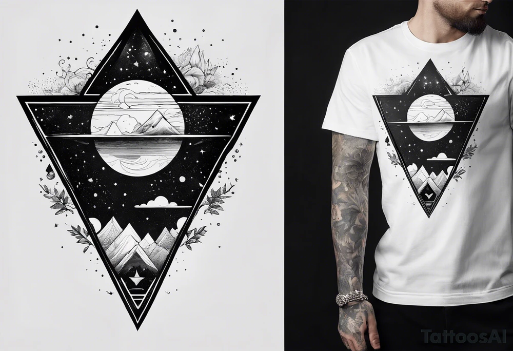 line art of space and nature in triangle tattoo idea