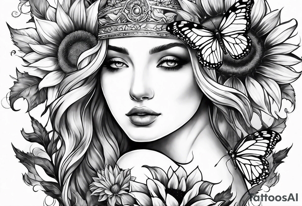Sleeve with angel wings, sunflower and butterfly tattoo idea