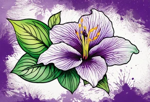 A mystical outline of a dipladenia flower and a green/purple watercolor splatter in the background to make the flower mainly green with purple highlights tattoo idea