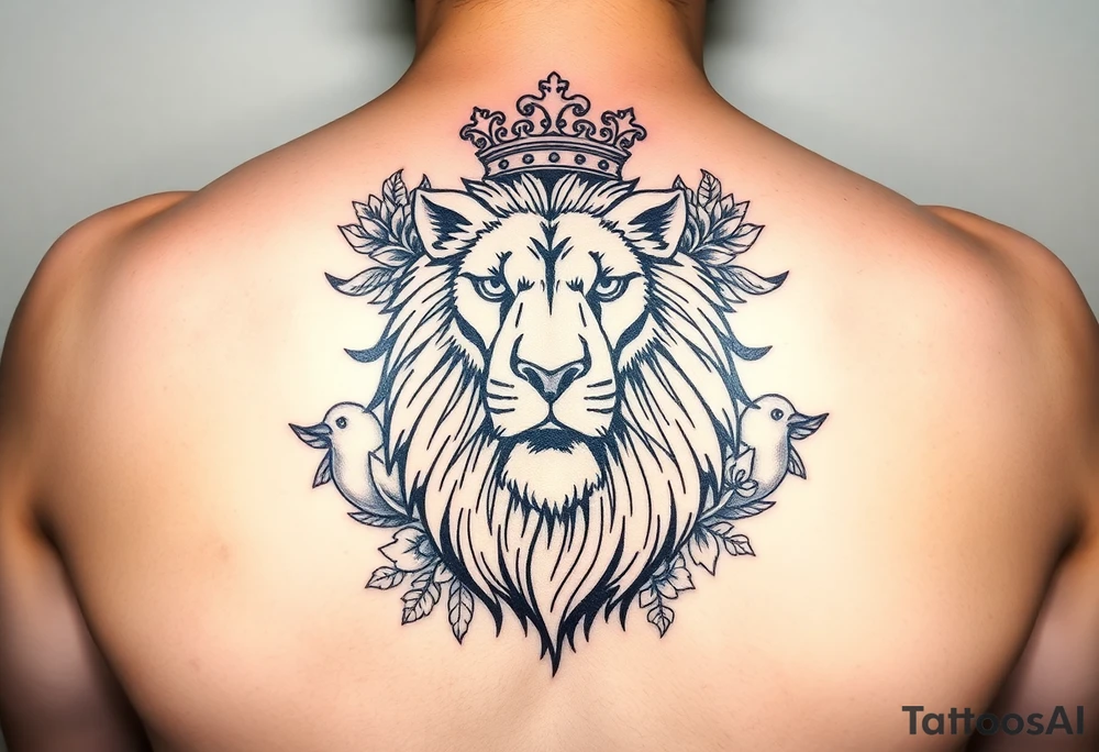 powerful majestic lion with a crown, surrounded by floral ornaments and birds tattoo idea