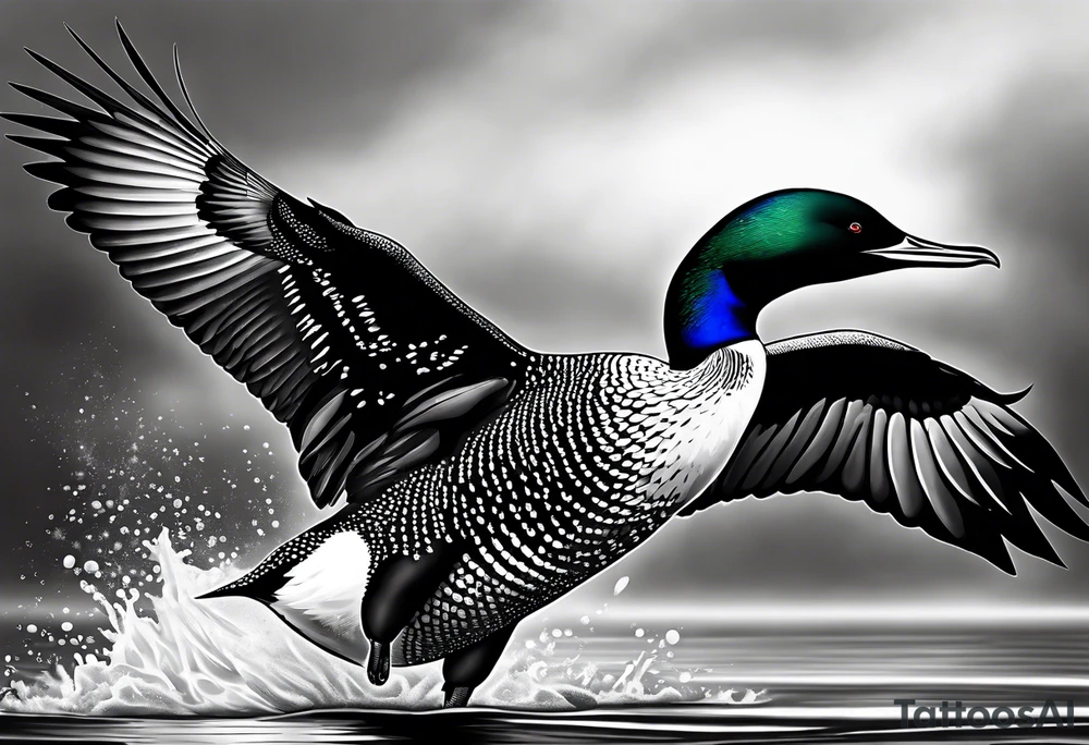 A North American common loon looking majestic as it spreads its wings in the water. On the mid-upper thigh. tattoo idea