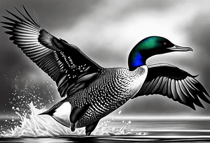 A North American common loon looking majestic as it spreads its wings in the water. On the mid-upper thigh. tattoo idea