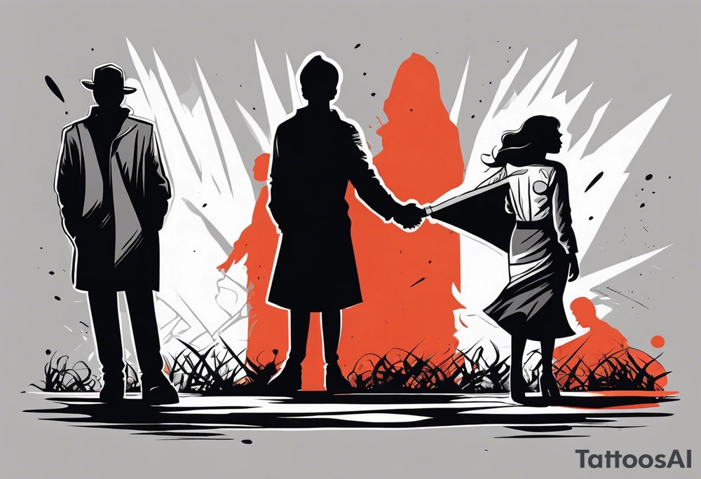 2 black shadows of people standing over 2 black shadows of murdered people tattoo idea