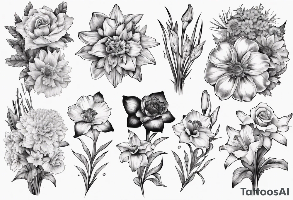 Flower bouquet with daffodil, rose, Larkspur, gladiolus, aster, marigold, chrysanthemum, narcissus tattoo idea