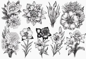 Flower bouquet with daffodil, rose, Larkspur, gladiolus, aster, marigold, chrysanthemum, narcissus tattoo idea