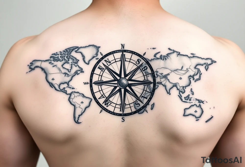antique compass rose overlaid on weathered world map with sailing ships tattoo idea