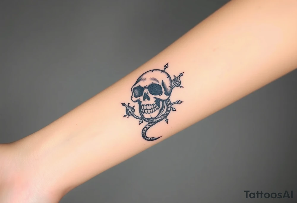 Skull with a snake going through its eyes or mouth include a clock and prickly vines tattoo idea