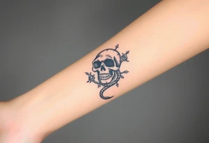 Skull with a snake going through its eyes or mouth include a clock and prickly vines tattoo idea