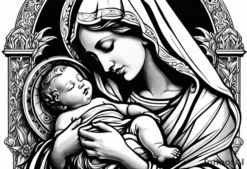 Mary holding baby Jesus in her arms crying tattoo idea