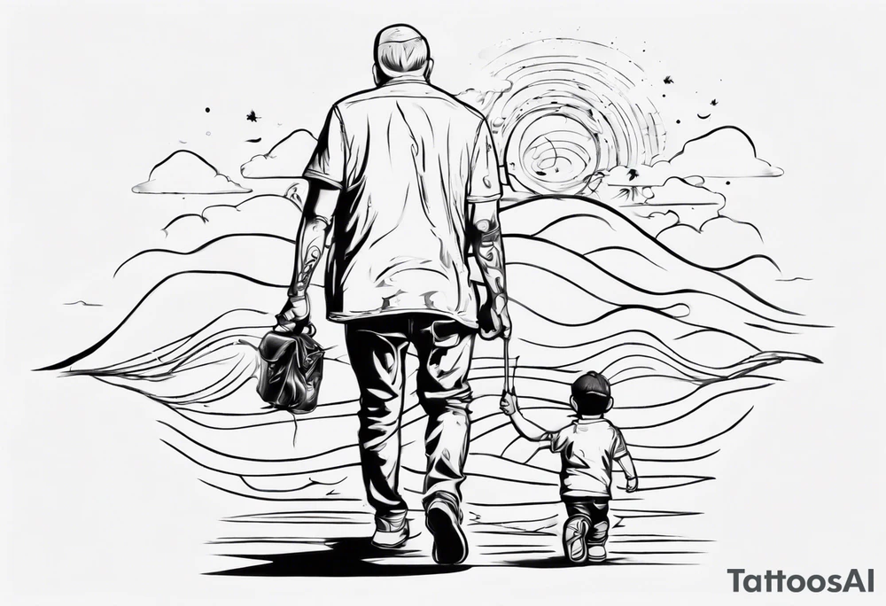 dad and son walks away contour tattoo idea