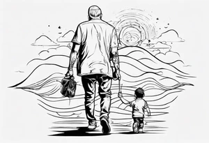 dad and son walks away contour tattoo idea