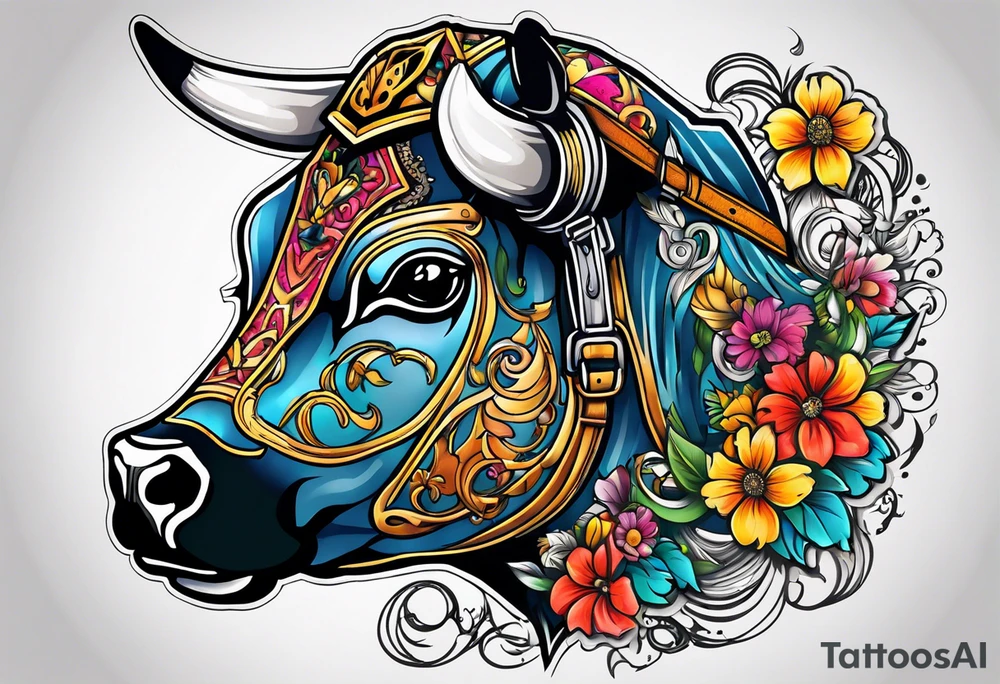 cow in motorcycle helmet tattoo idea