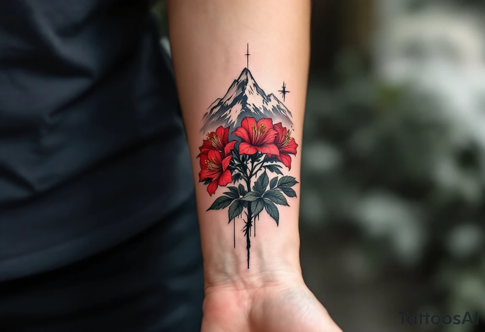 vertical wrist size red  and black rhododendron trippy with Himalayas behind tattoo idea