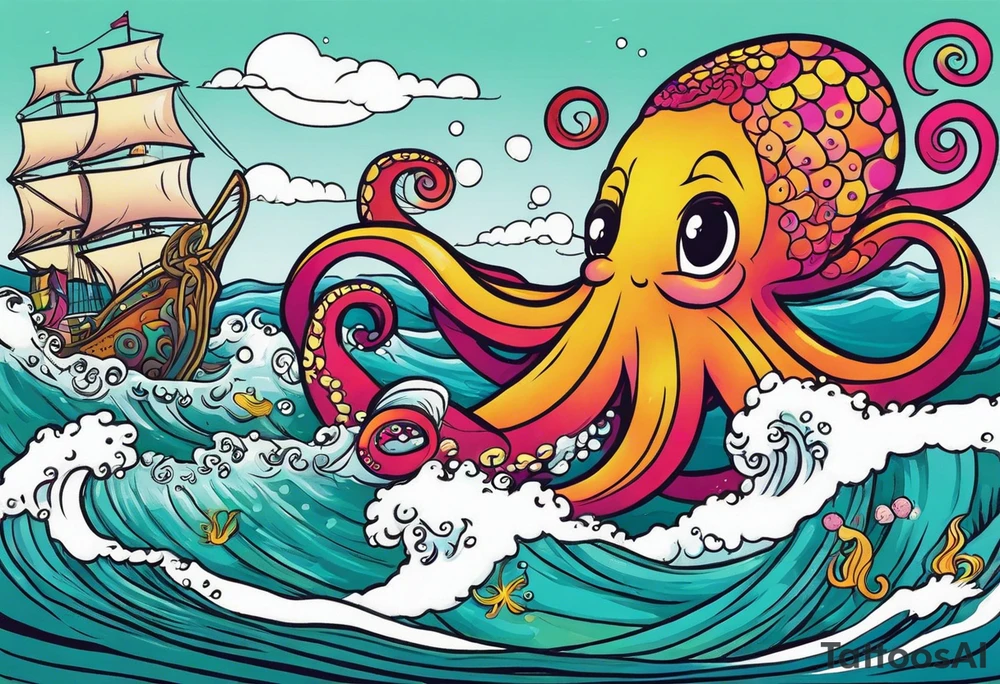 Giant octopus and mermaid frolicking in the sea tattoo idea