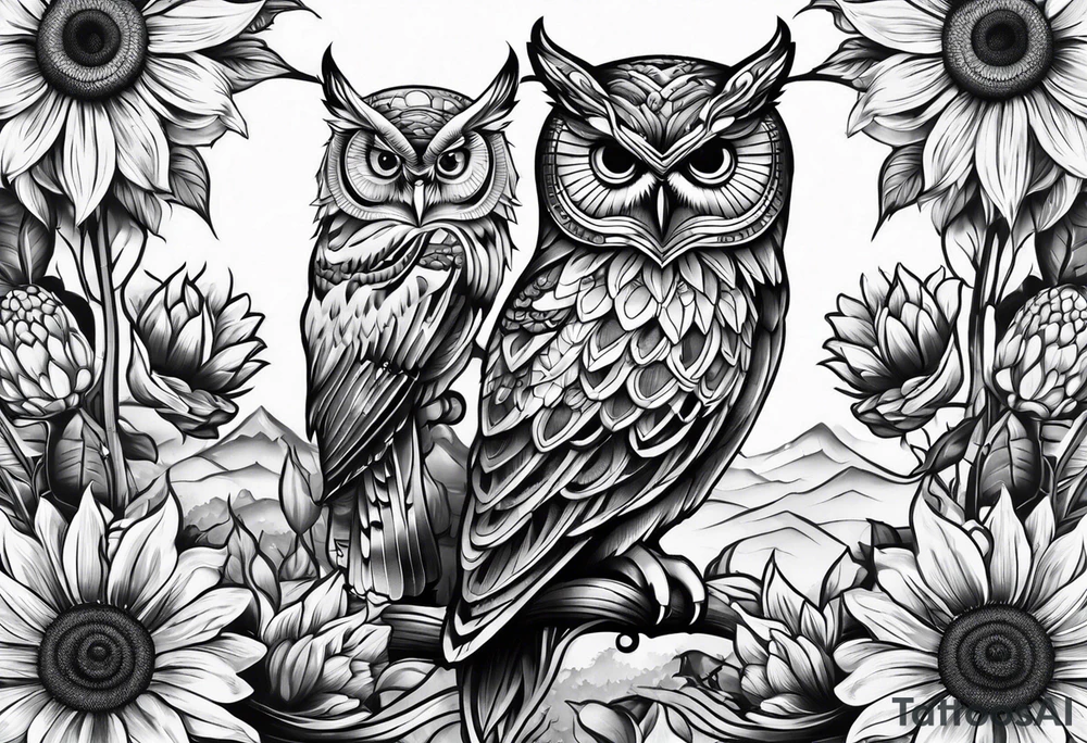 Owl sunflower and butterfly half sleeve tattoo idea