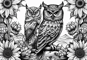 Owl sunflower and butterfly half sleeve tattoo idea