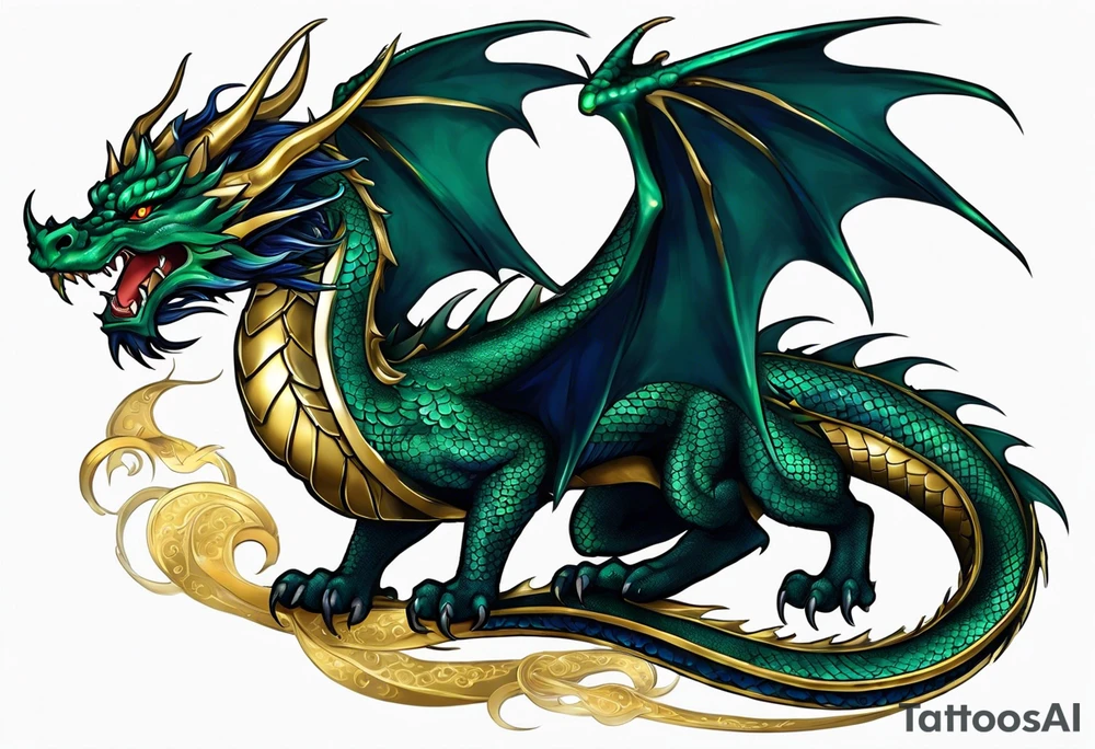 An epic with no wings, floating. Its long body coiling dynamically, with scales and horns detailed to create a sense of movement and strength. The dragon's main color is midnight blue but features little accents in dark green and gold, giving a vibrant depth and a mystical aura. This tattoo highlights the dragon’s fierce expression and sharp claws. tattoo idea