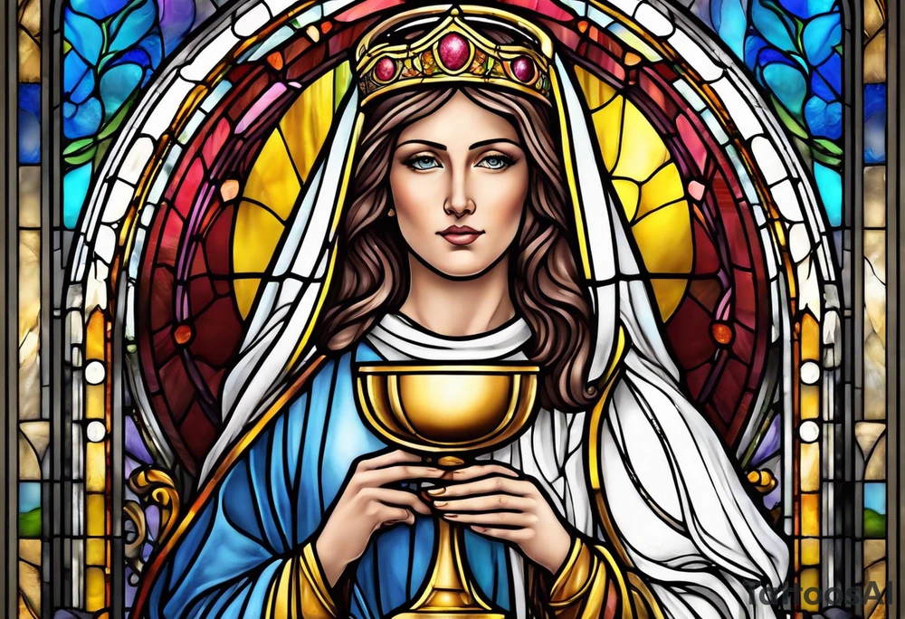 holy saint woman with halo stained glass holding a chalice tattoo idea