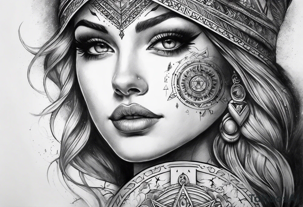 I want a mysterious enigmatic tattoo, with mysterious symbols and phrases, with the meaning of curiosity about conspiracy theories, the future, and the past, something that completes the upper part of the arm that is between the middle of the arm and the shoulder tattoo idea