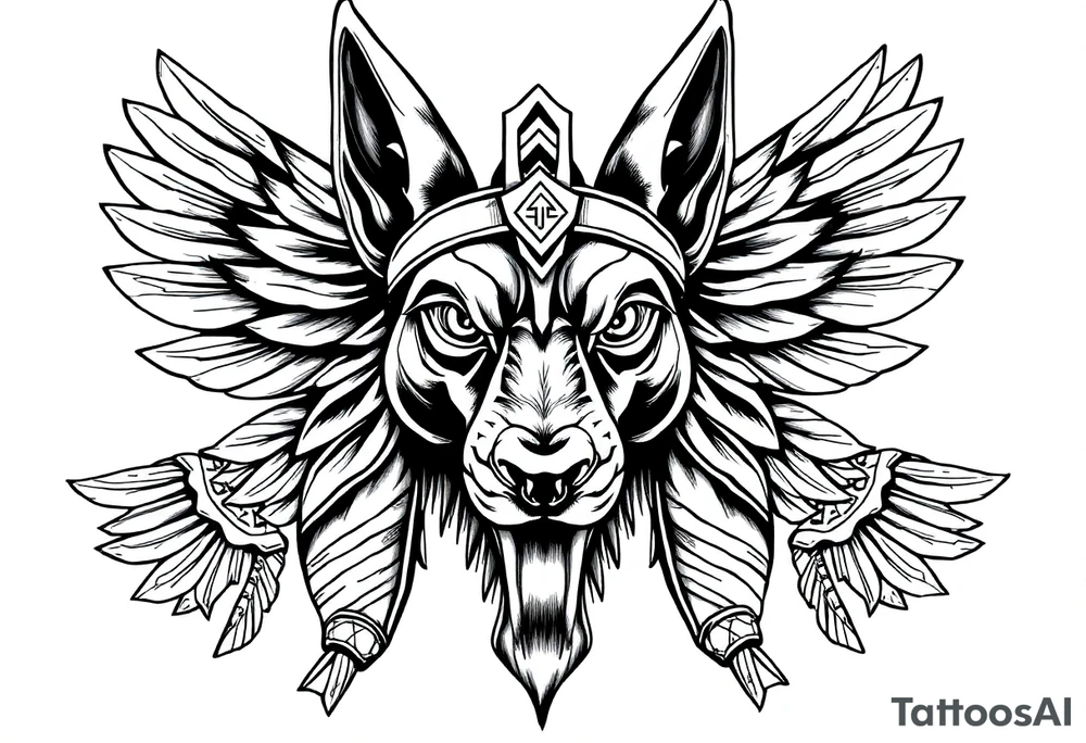 Egyptian Anubis god face muscle in Egypt style  with mantle on head

dog face surrounded Egyptian symbols based on elements tattoo idea