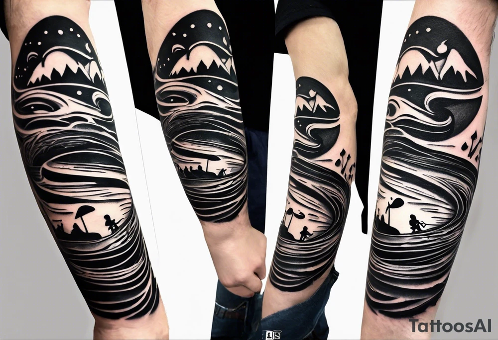a line at the top of my arm (near the shoulder) with a music note on a staff at the top, a water wave below it, a pocket beneath it and the mushroom last - it's one line down the arm tattoo idea
