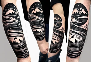 a line at the top of my arm (near the shoulder) with a music note on a staff at the top, a water wave below it, a pocket beneath it and the mushroom last - it's one line down the arm tattoo idea