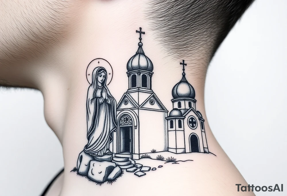 russian design traditional virgin mary stood beside the entrance of a russian orthodox dome church on the side of the neck in a wilderness setting with the design on the side of the neck tattoo idea