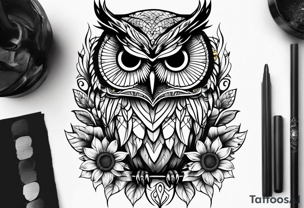 Black and white owl with sunflowers leg sleeve tattoo idea