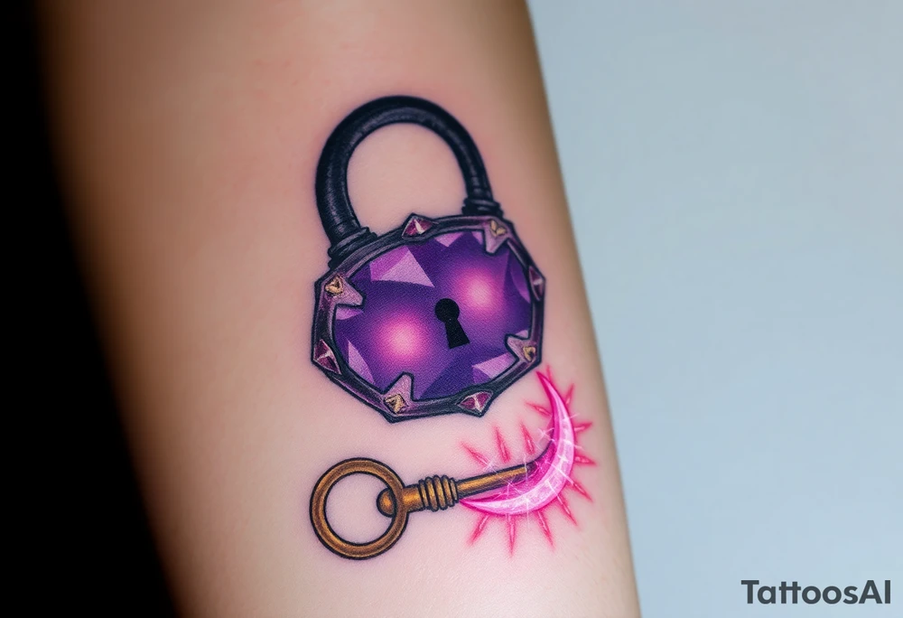 A deep purple crystal lock with glowing runes, and a crescent moon-shaped key radiating a mystical aura and lying beside it. tattoo idea