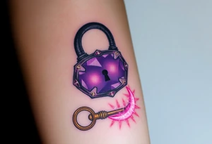 A deep purple crystal lock with glowing runes, and a crescent moon-shaped key radiating a mystical aura and lying beside it. tattoo idea