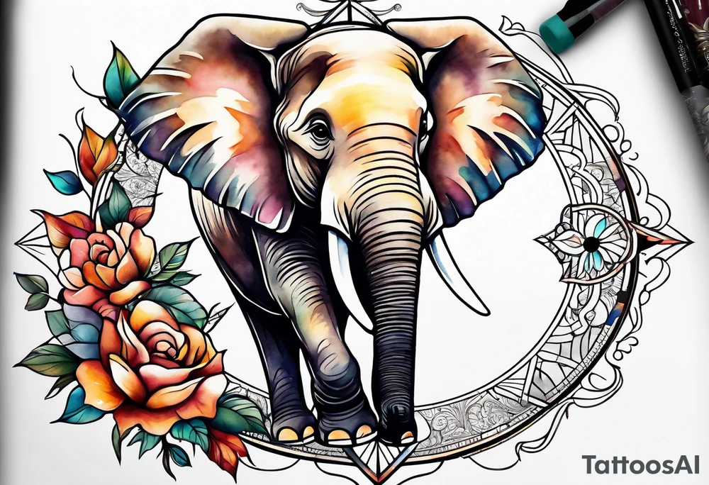 Feminine compass, elephant holding it tattoo idea