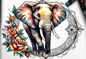 Feminine compass, elephant holding it tattoo idea