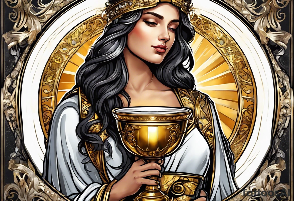 woman saint holding chalice surrounded by golden halo tattoo idea