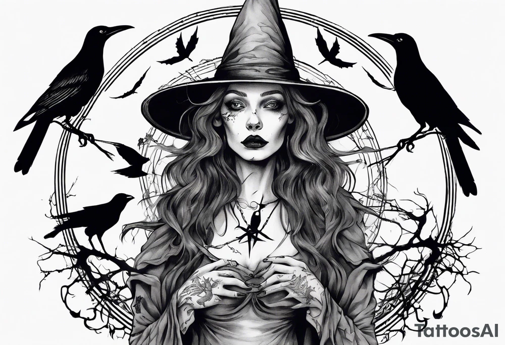 a witch with crows in black and white tattoo idea
