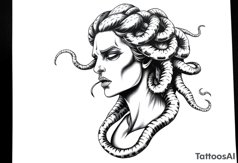 Scary Greek female god medusa with snake hairs tattoo idea