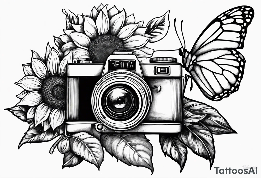 Butterfly, sunflower, camera, book, flower rose tattoo idea